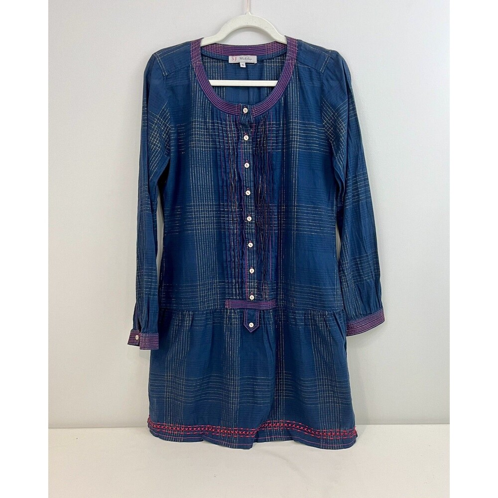 Johnny Was 3 J Workshop Navy Dress Tunic with Pink Embroidery Small